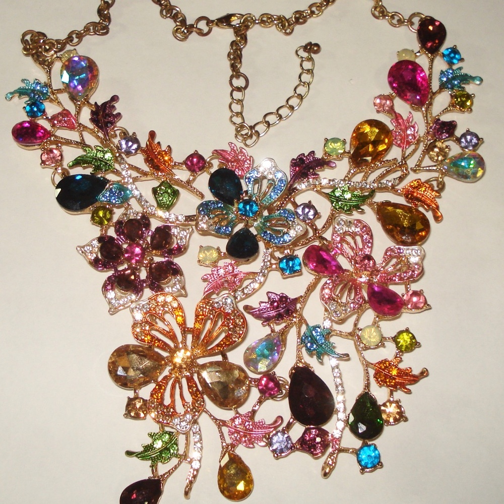 Large Multicolored Rhinestone Goldtone Metal Bib Necklace